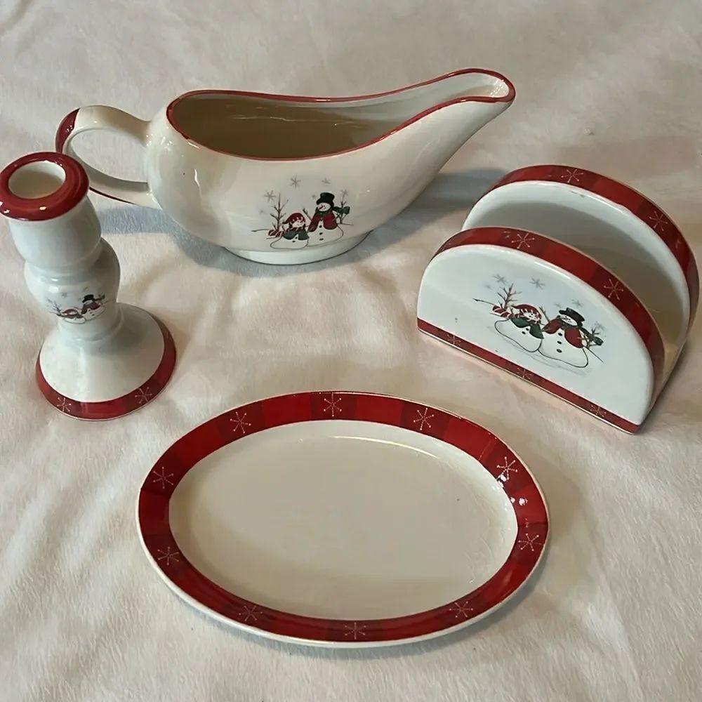 Christmas Snowman Red White Gravy Boat Saucer Napkin Holder Candle Holder Set 4